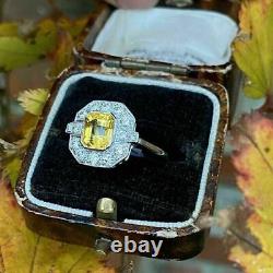 Art Deco Style 3.0Ct Asscher Yellow Lab-Created Diamond Engagement Silver Ring
