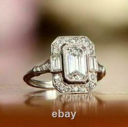 Art Deco Style 3Ct Emerald Cut Simulated Diamond Halo Wedding Ring In 925 Silver
