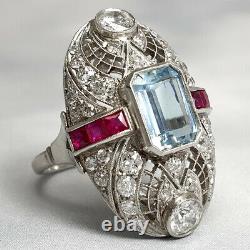 Art Deco Style Aquamarin And Ruby Ring Platinum With Natural Old Cut Diamonds