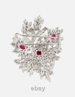 Art Deco Style Baguette Red Flower Design Brooch 925 Sterling Silver CZ Jewelry