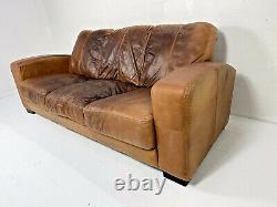 Art Deco Style Cigar Tanned Brown Leather Chesterfield 3 Seater French Club Sofa