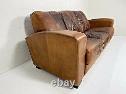 Art Deco Style Cigar Tanned Brown Leather Chesterfield 3 Seater French Club Sofa