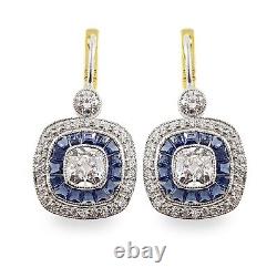 Art Deco Style Cushion Dangle Earrings 925 Sterling Silver Blue CZ Women Jewelry