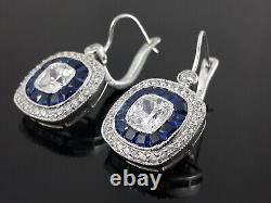 Art Deco Style Cushion Dangle Earrings 925 Sterling Silver Blue CZ Women Jewelry