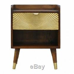 Art Deco Style Dark Wood Bedside Cabinet Table Gold Sunrise Carving Pattern Door