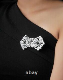Art Deco Style Double Clip Brooch Pin 925 Sterling Silver White CZ Jewelry