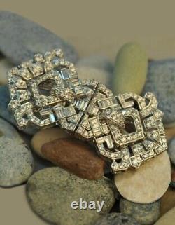 Art Deco Style Double Clip Brooch Pin 925 Sterling Silver White CZ Jewelry