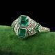 Art Deco Style Emerald & Lab Created Diamond Two-stone Wedding 925 Silver Ring