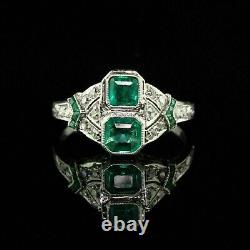 Art Deco Style Emerald & Lab Created Diamond Two-Stone Wedding 925 Silver Ring