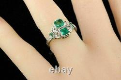 Art Deco Style Emerald & Lab Created Diamond Two-Stone Wedding 925 Silver Ring