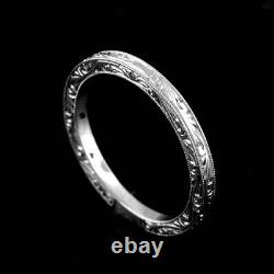 Art Deco Style Flat Solid Gold Engraved Crafted Milgrain Wedding Band 2mm Wide