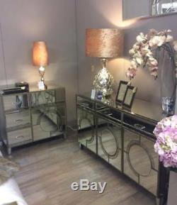 Art Deco Style Gold Trim Mirrored Luxury Glam Sideboard Dresser With Drawers