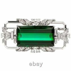 Art Deco Style Green Emerald Cut 25.69 CT Emerald & White CZ 925 Silver Brooches
