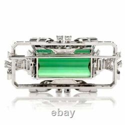 Art Deco Style Green Emerald Cut 25.69 CT Emerald & White CZ 925 Silver Brooches