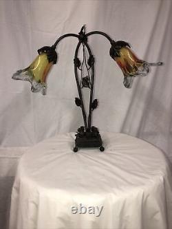 Art Deco Style Handmade Wrought Iron Table Lamp 2 Blown Glass Shades Green Multi