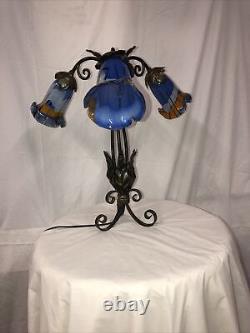 Art Deco Style Handmade Wrought Iron Table Lamp 3 Blown Glass Shades Blue Multi