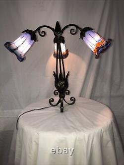 Art Deco Style Handmade Wrought Iron Table Lamp 3 Blown Glass Shades Blue Multi