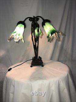 Art Deco Style Handmade Wrought Iron Table Lamp 3 Blown Glass Shades Green