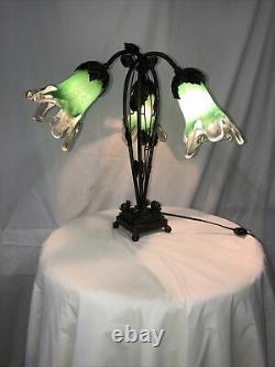 Art Deco Style Handmade Wrought Iron Table Lamp 3 Blown Glass Shades Green