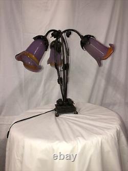 Art Deco Style Handmade Wrought Iron Table Lamp 3 Blown Glass Shades Purple