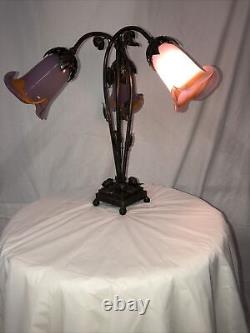 Art Deco Style Handmade Wrought Iron Table Lamp 3 Blown Glass Shades Purple