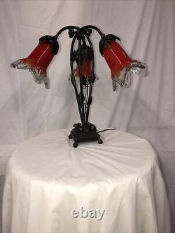 Art Deco Style Handmade Wrought Iron Table Lamp 3 Blown Glass Shades Red