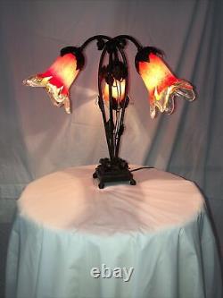 Art Deco Style Handmade Wrought Iron Table Lamp 3 Blown Glass Shades Red