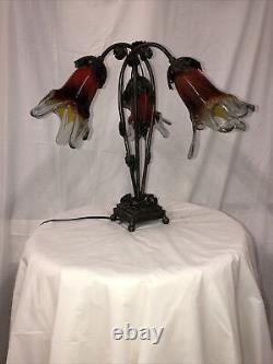 Art Deco Style Handmade Wrought Iron Table Lamp 3 Blown Glass Shades Red/blue