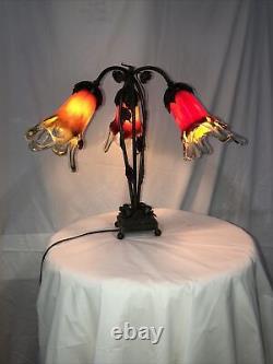 Art Deco Style Handmade Wrought Iron Table Lamp 3 Blown Glass Shades Red/blue