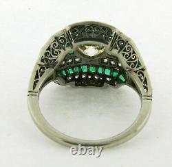 Art Deco Style Lab Created Diamond & Emerald Wedding 14Ct White Gold Filled Ring