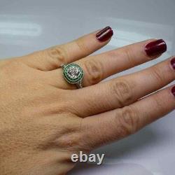 Art Deco Style Lab Created Diamond & Emerald Wedding 14Ct White Gold Filled Ring