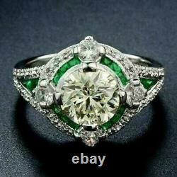 Art Deco Style Lab Created Diamond & Emerald Wedding 14k White Gold Filled Ring