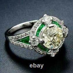 Art Deco Style Lab Created Diamond & Emerald Wedding 14k White Gold Filled Ring