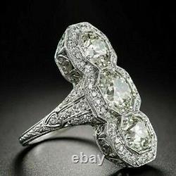 Art Deco Style Lab Created Diamond Filigree Three Stone White Gold Filled Ring