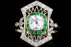 Art Deco Style Lab-Created Diamond Halo Emerald Engagement 925 Silver Gift Ring