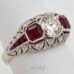Art Deco Style Lab Created Diamond & Ruby Wedding 14Ct White Gold Filled Ring