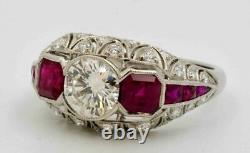 Art Deco Style Lab Created Diamond & Ruby Wedding 14Ct White Gold Filled Ring
