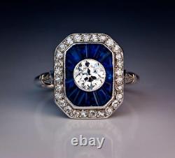 Art Deco Style Lab Created Diamond & Sapphire Birthday 14K WhiteGold Filled Ring