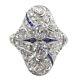 Art Deco Style Lab Created Diamond & Sapphire Dinner 14ct White Gold Filled Ring