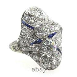 Art Deco Style Lab Created Diamond & Sapphire Dinner 14Ct White Gold Filled Ring