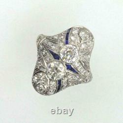 Art Deco Style Lab Created Diamond & Sapphire Dinner 14Ct White Gold Filled Ring