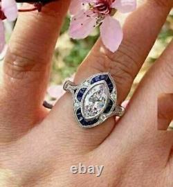 Art Deco Style Lab Created Diamond & Sapphire Engagement White Gold Filled Ring