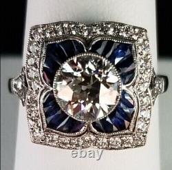 Art Deco Style Lab-Created Diamond & Sapphire Floral Engagement 925 Silver Ring