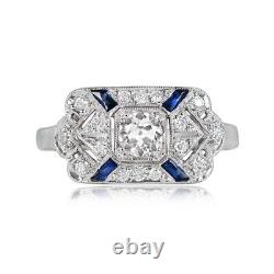 Art Deco Style Lab Created Diamond & Sapphire Wedding 14K White Gold Filled Ring
