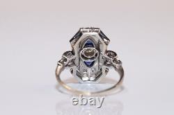 Art Deco Style Lab Created Diamond & Sapphire Wedding 14k White Gold Filled Ring