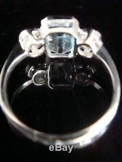Art Deco Style Platinum Aquamarine 1.80ct And Diamond 0.62ct 3 Stone Ring
