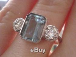 Art Deco Style Platinum Aquamarine 1.80ct And Diamond 0.62ct 3 Stone Ring