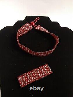 Art Deco Style Red Glass Microbeaded Choker Necklace & Bracelet Set