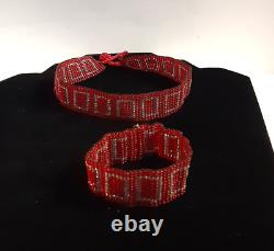 Art Deco Style Red Glass Microbeaded Choker Necklace & Bracelet Set