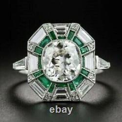 Art Deco Style Round Lab Created Diamond & Emerald Engagement 925 Silver Ring